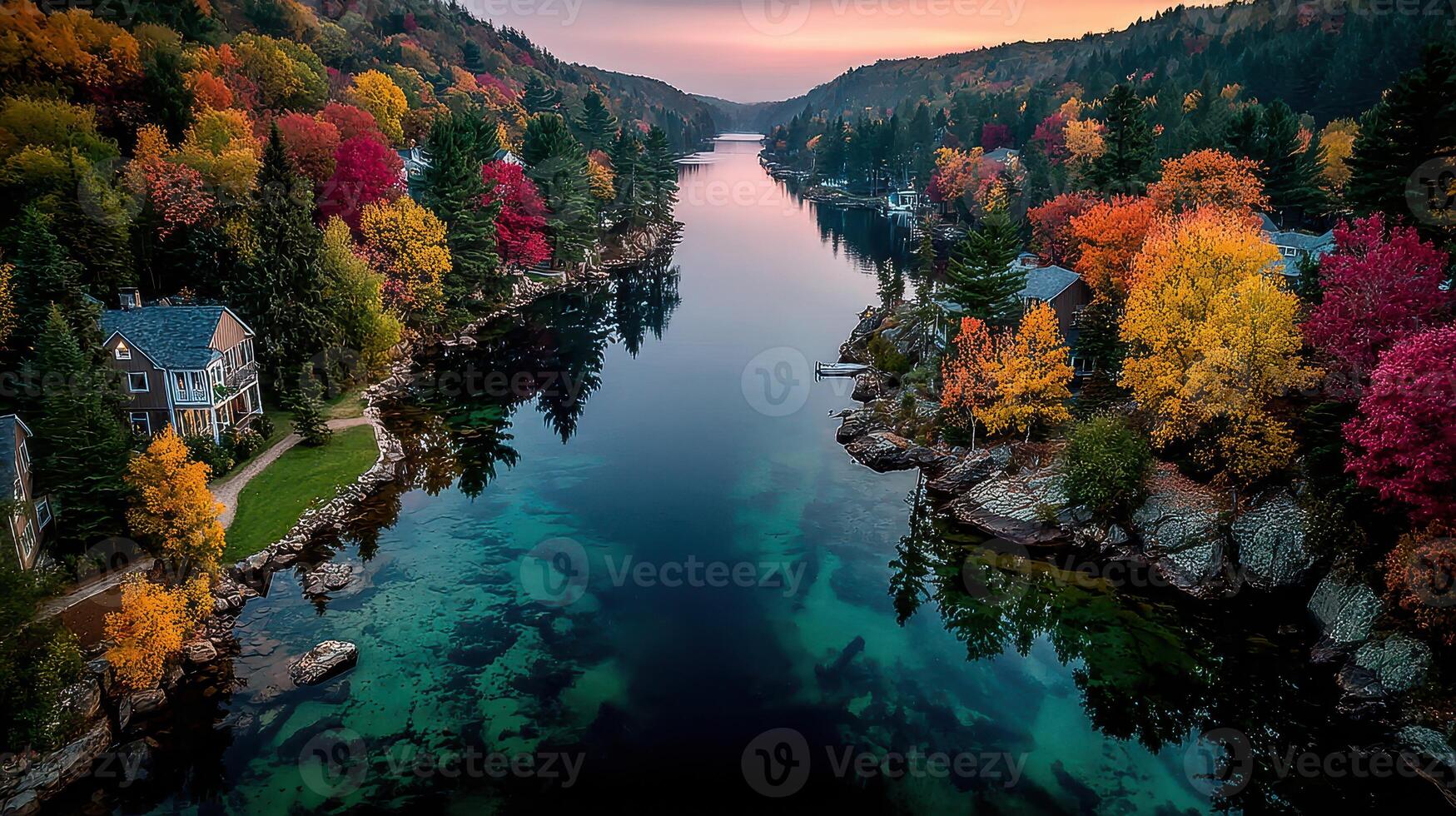 Colorful autumn foliage overlooking a serene lake at dusk with reflections on the water photo
