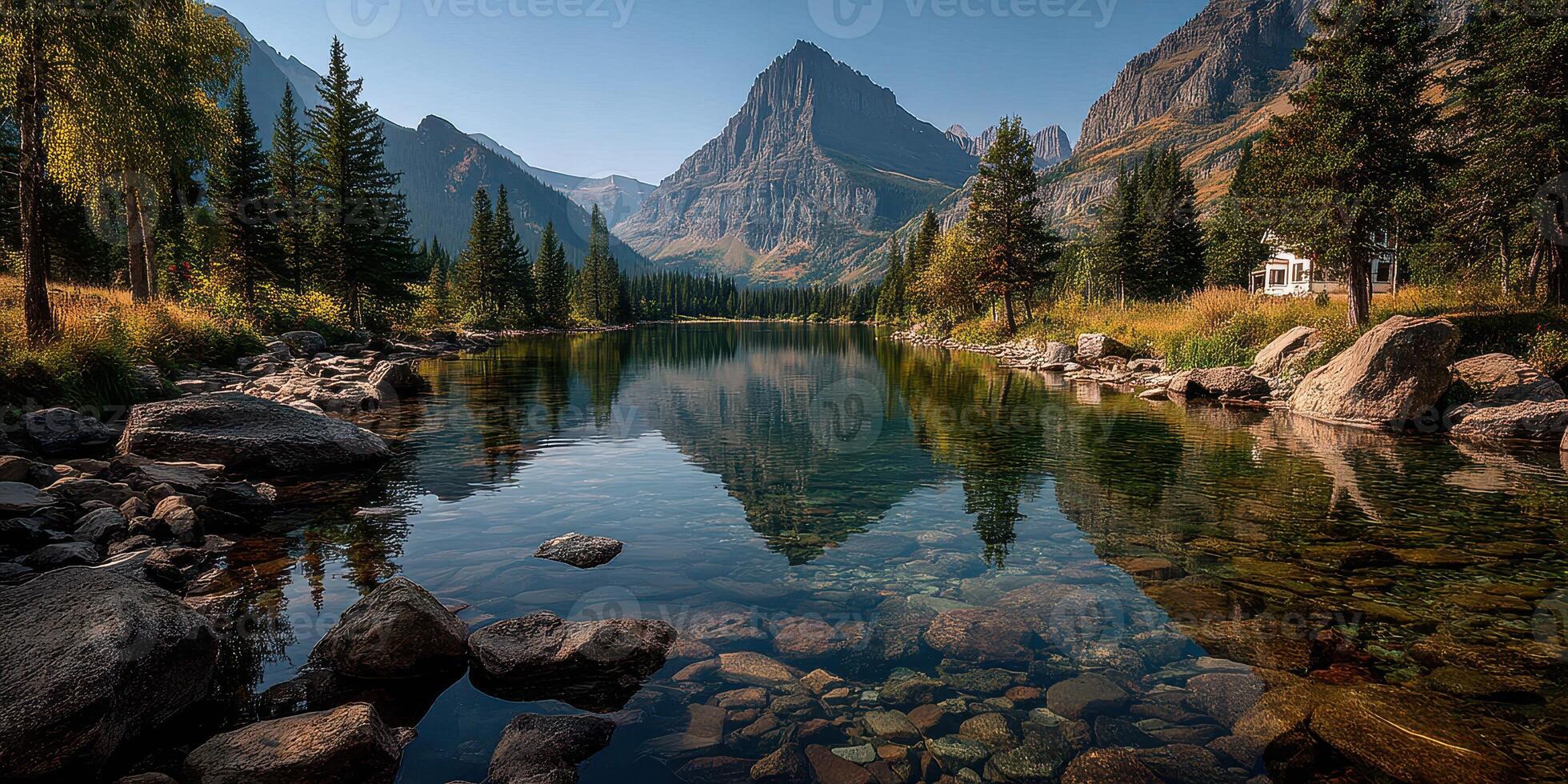 Beautiful mountain reflection on a serene lake during clear sunny day in a tranquil nature setting near the forest photo