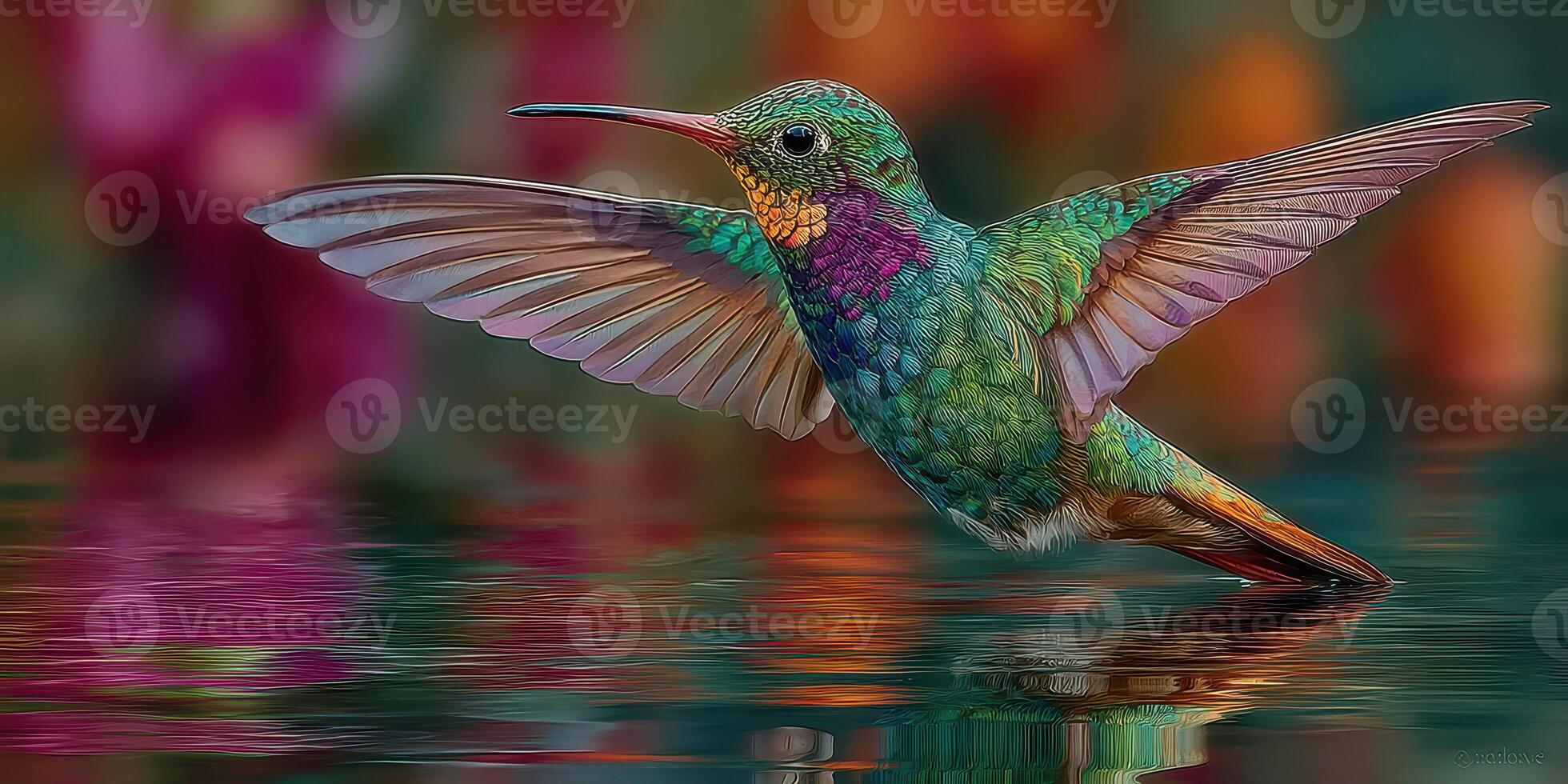 Colorful hummingbird hovering over a still pond surrounded by flowers in a vibrant garden photo