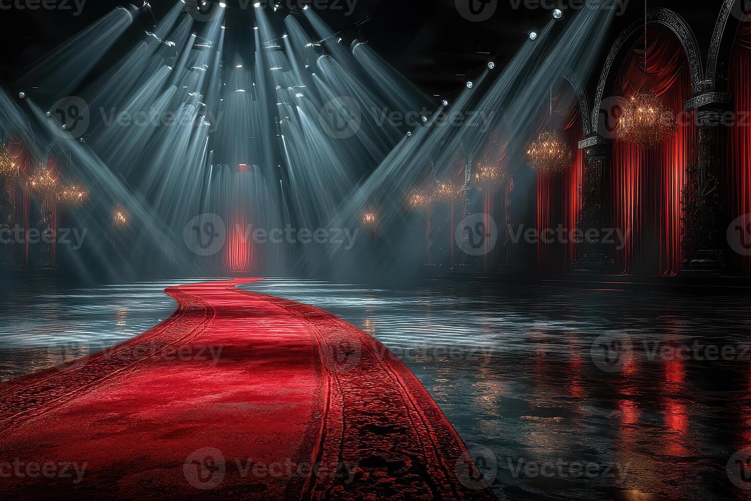 Elegant red carpet entrance illuminated by dramatic lighting in a grand hall at night photo