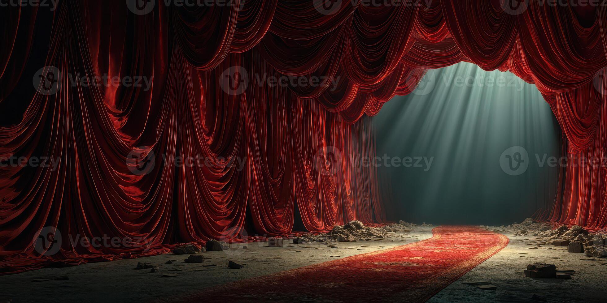 Red velvet curtain with a spotlight shining on a lonely carpet leading to an empty stage in an abandoned theater photo