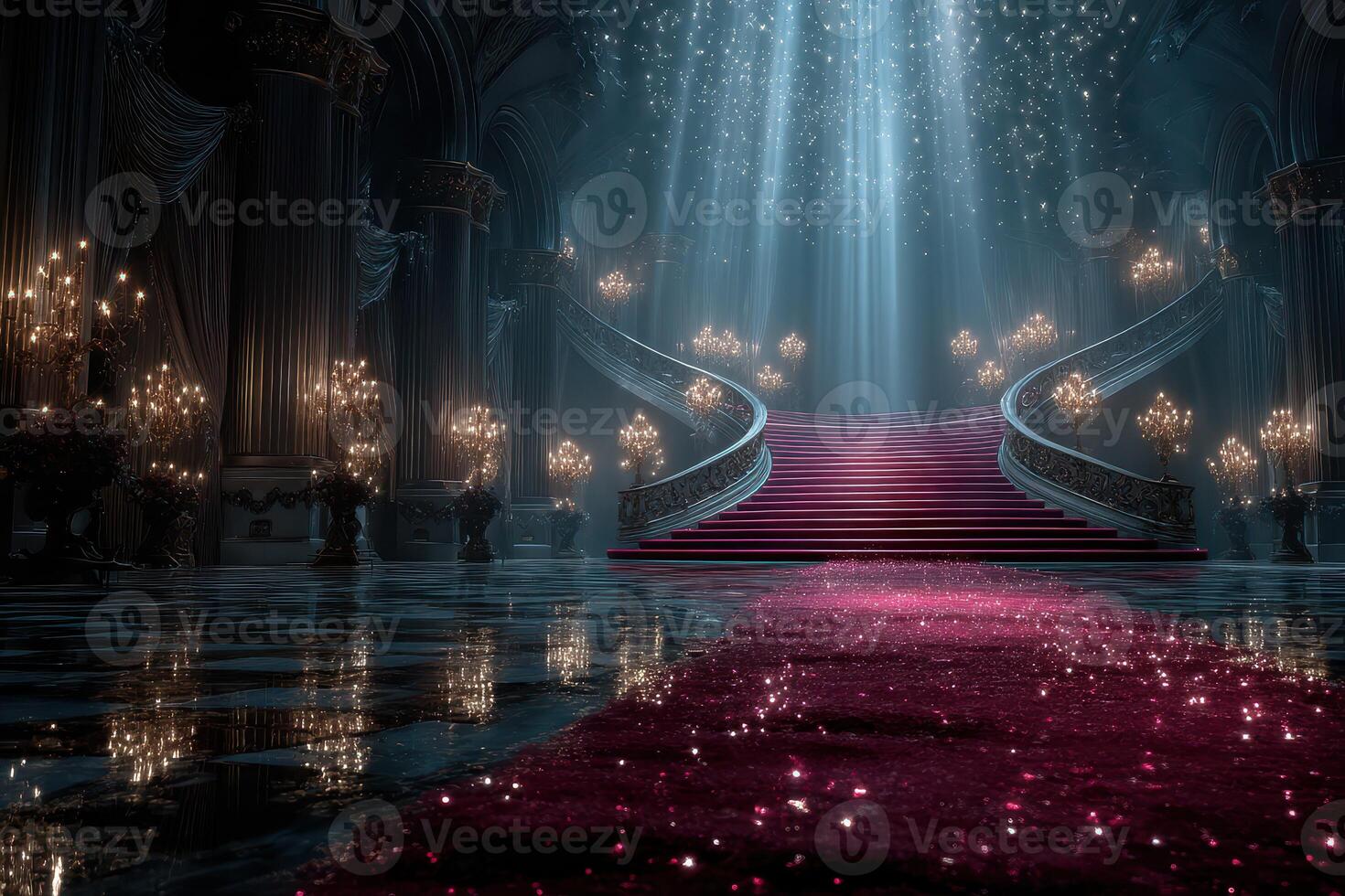 Luxurious grand staircase illuminated by beams of light in an opulent hall with sparkling chandeliers photo