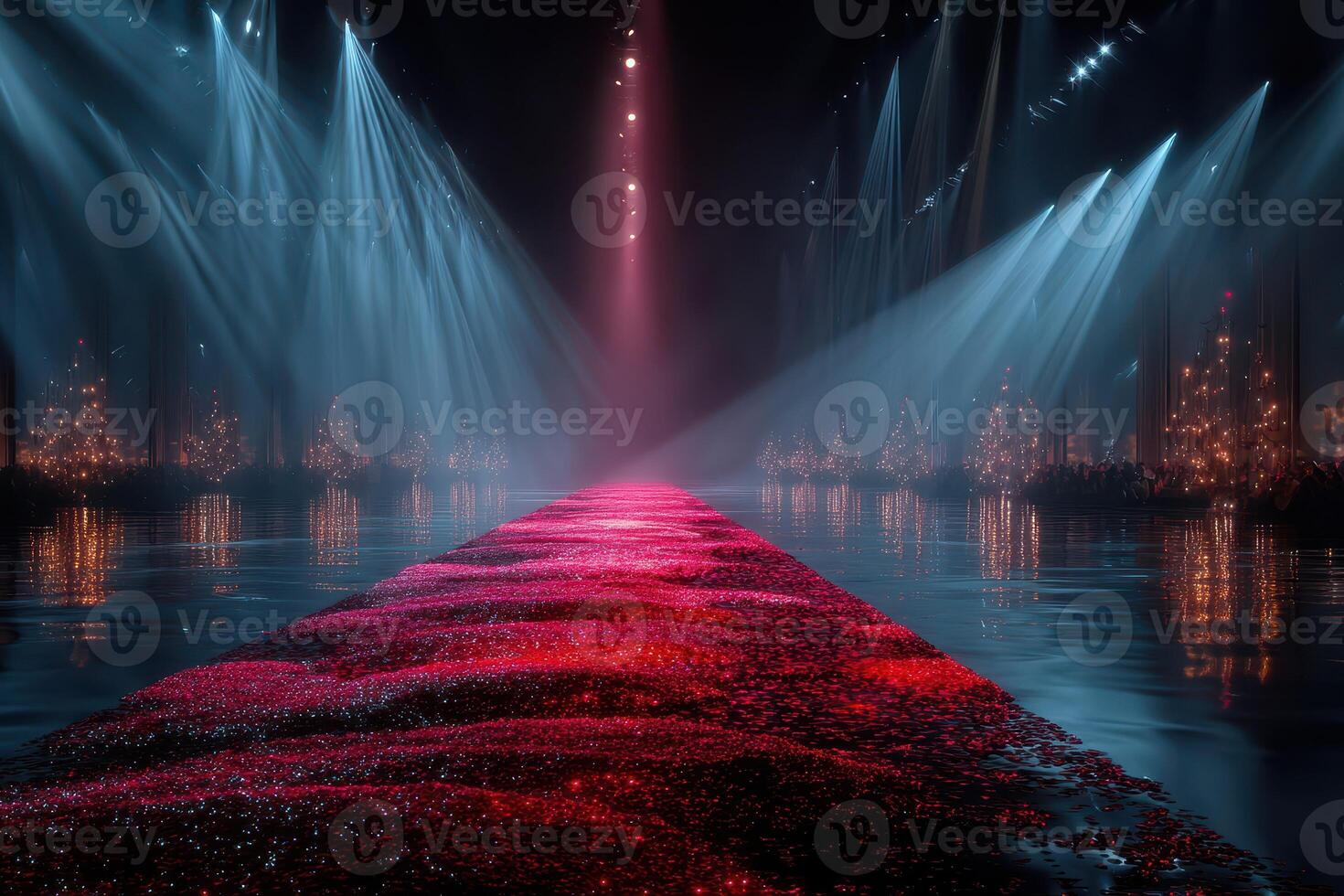 Spectacular runway with vibrant lights and reflections in a serene water setting during a fashion event photo