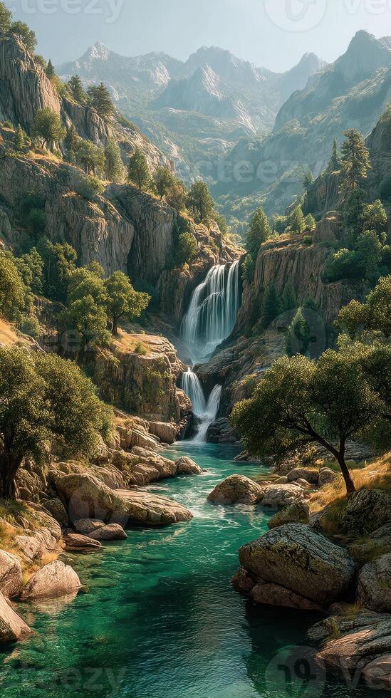 Majestic waterfall cascading through rocky landscape in serene mountain setting during the day photo