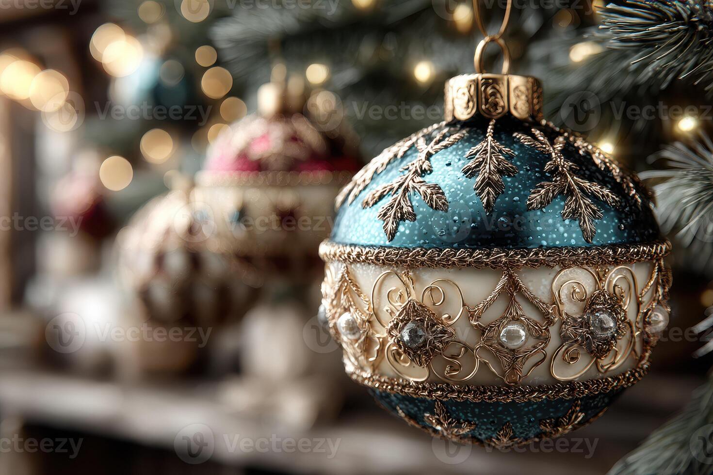 Elegant Christmas ornaments displayed on a tree with light decorations showcasing holiday spirit and festive cheer photo