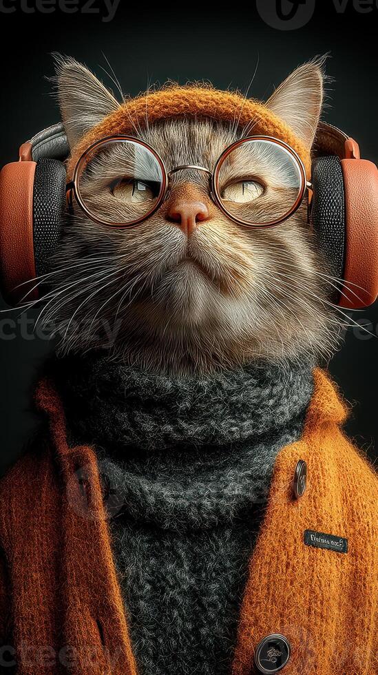 Cool cat in stylish outfit with glasses and headphones showcasing a modern look indoors photo