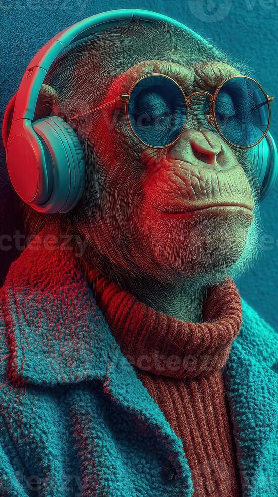 Cool monkey wearing headphones and sunglasses enjoys music in a vibrant urban setting photo