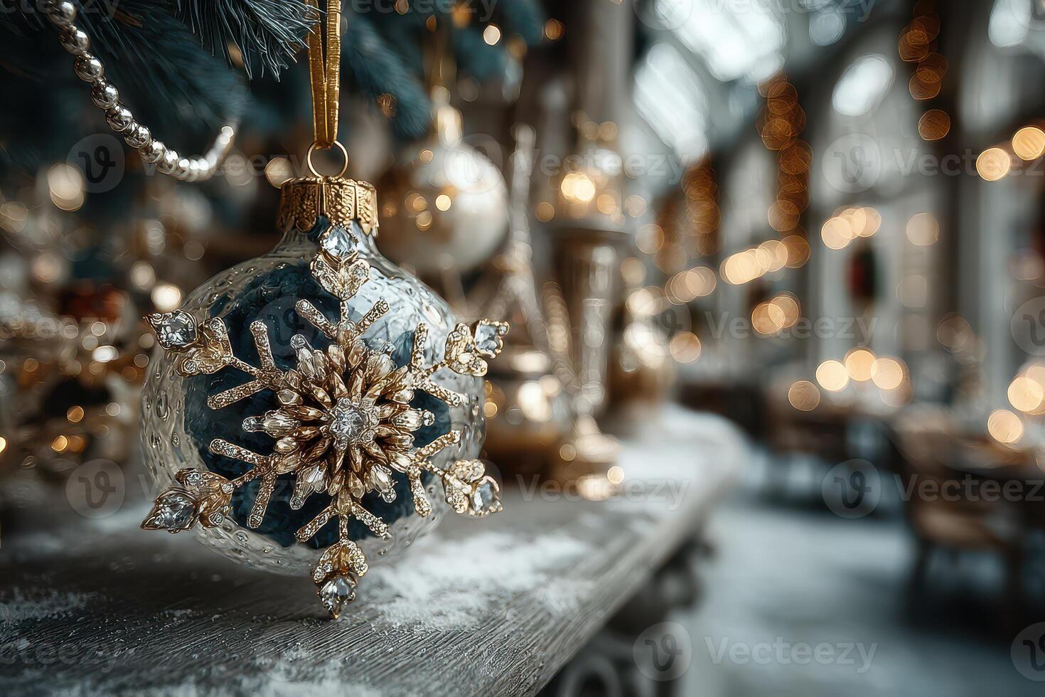Ornate glass ornament hangs amid festive decor in a cozy holiday setting filled with warm light photo