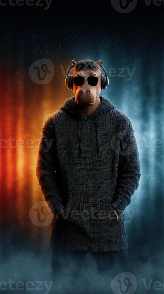 Creative representation of a person in a horse mask wearing headphones in a dramatic setting with contrasting lighting photo