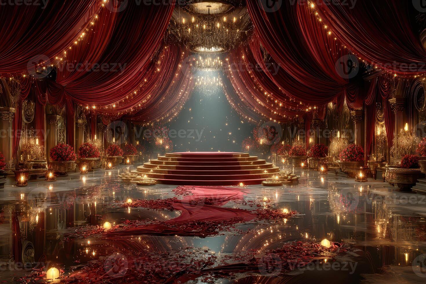 Elegant ballroom with red drapes and illuminated stage during a lavish evening celebration photo