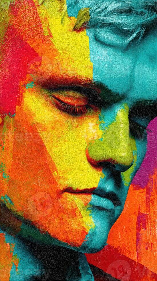Vivid portrait of an individual with bold colors and textures highlighting emotions and artistic expression photo