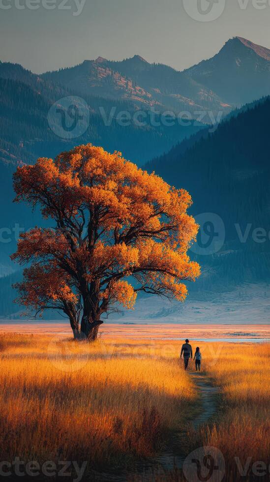 Beautiful autumn walk through a vibrant landscape with a parent and child near a majestic tree photo