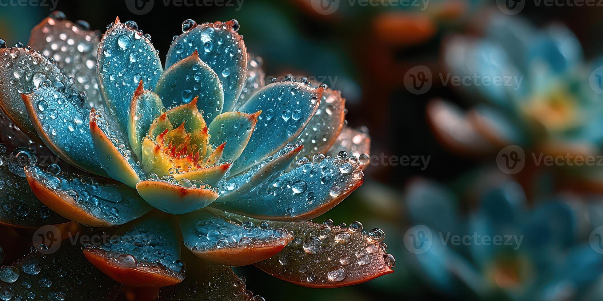 Beautiful succulent plant covered in droplets after rain in a serene garden setting during late afternoon light photo
