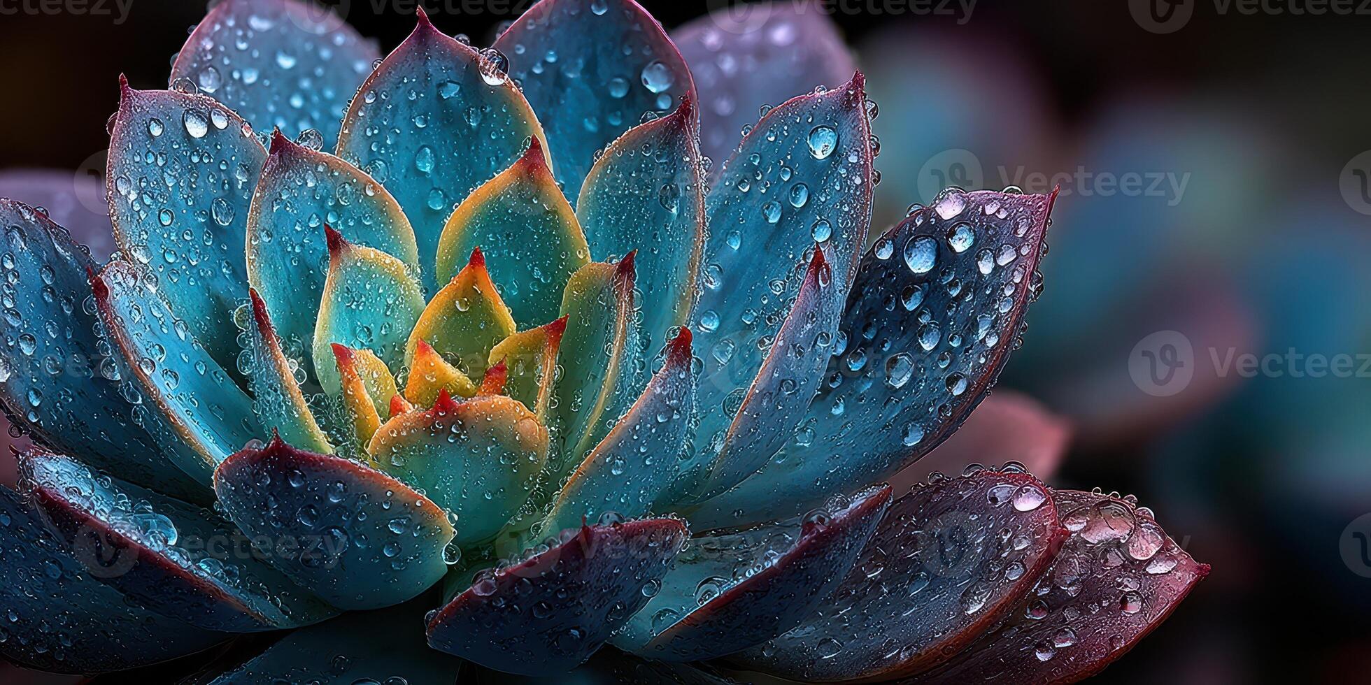 Close-up of a vibrant succulent plant adorned with droplets after rain in a serene garden setting photo