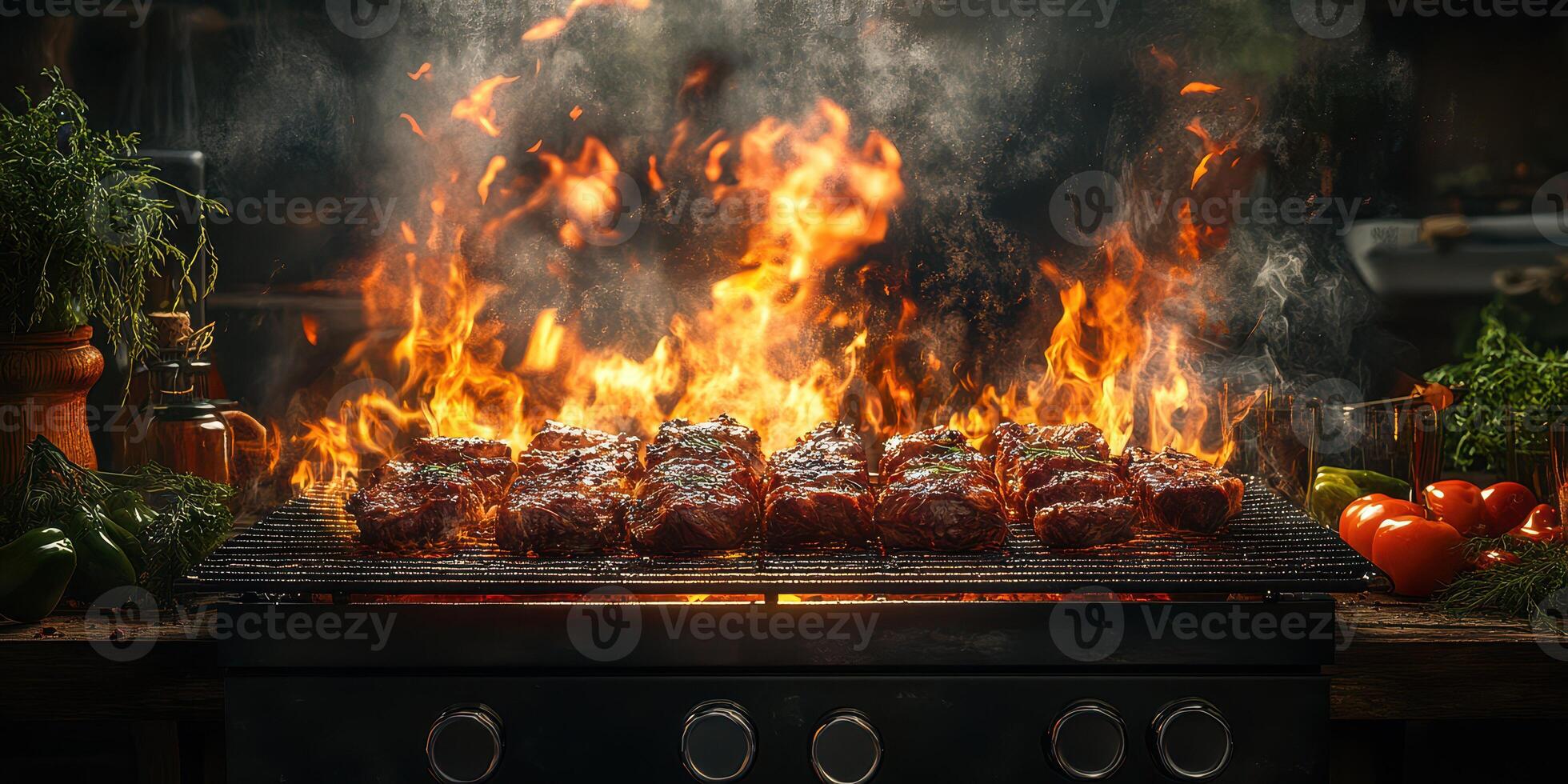 Grilling beef steaks over an open flame in a backyard setting during late afternoon photo
