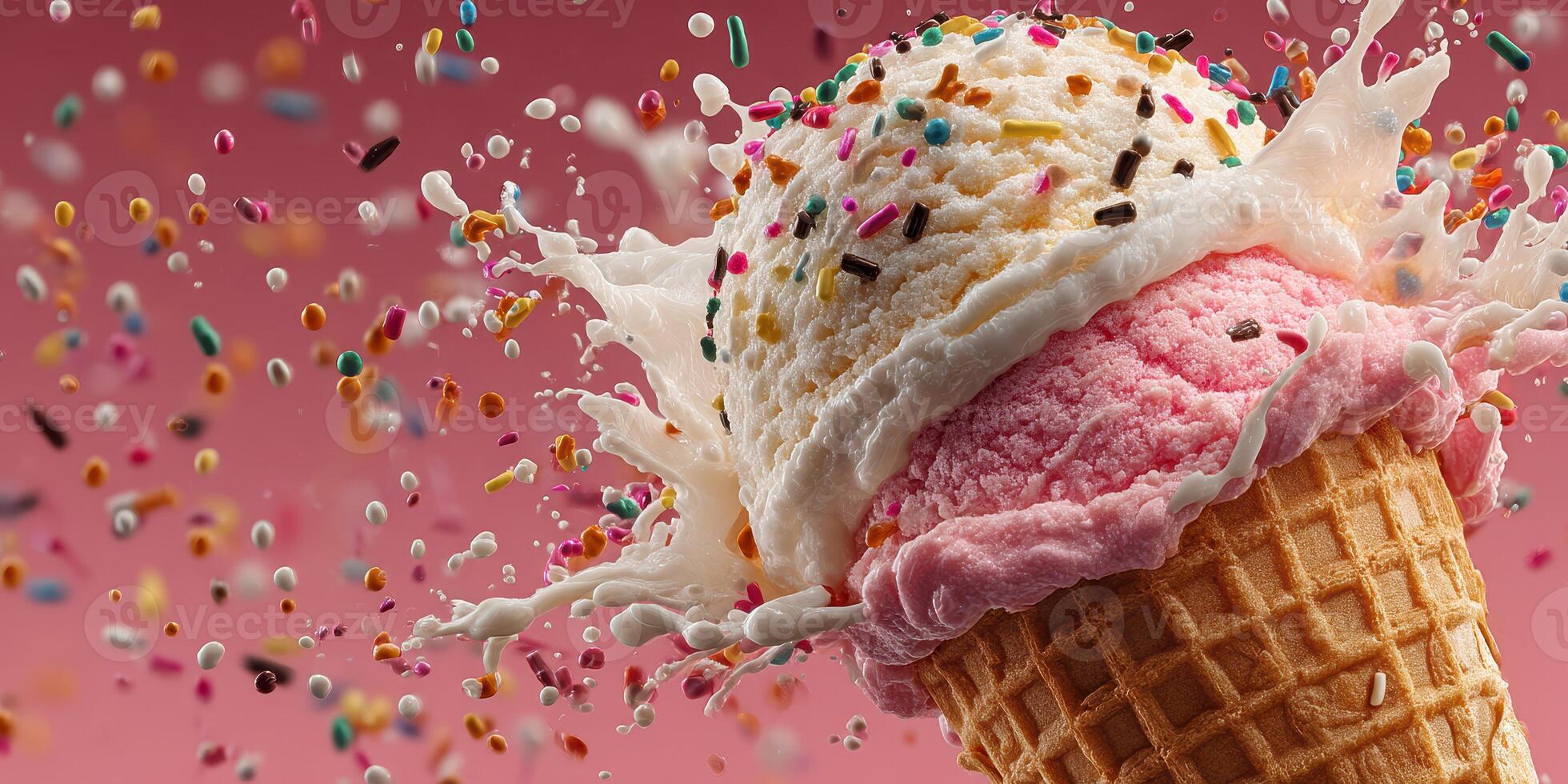 Delicious ice cream cone overflowing with pink and white scoops topped with colorful sprinkles against a vibrant background photo