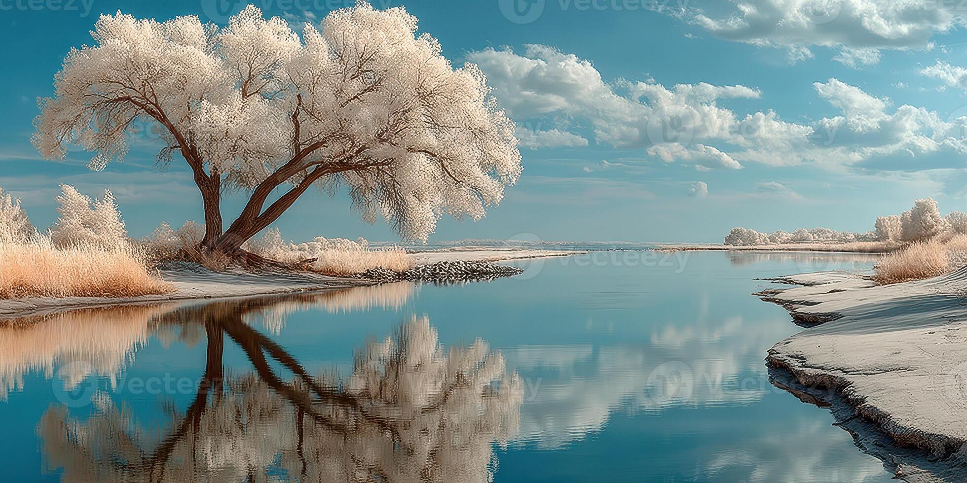 Majestic tree reflects in tranquil river under a clear blue sky with soft clouds in late afternoon photo