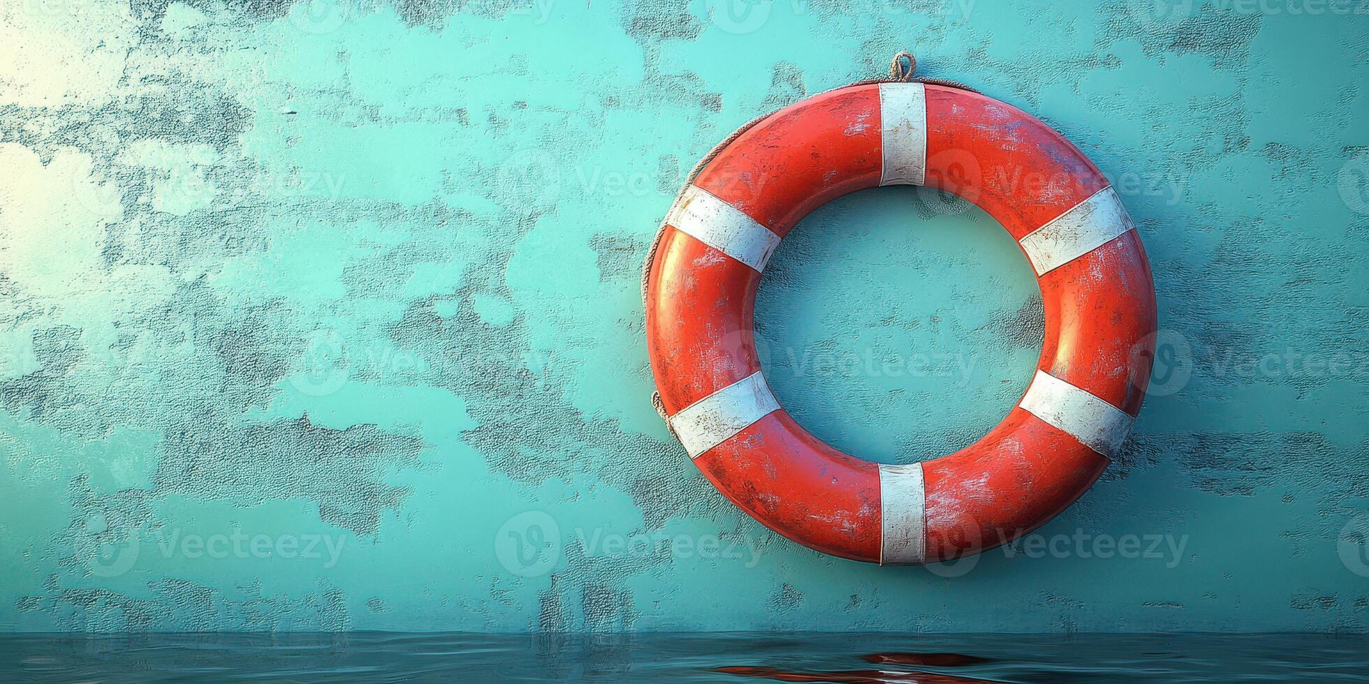 Bright orange lifebuoy hangs on a turquoise wall near water in a calm setting during the day photo