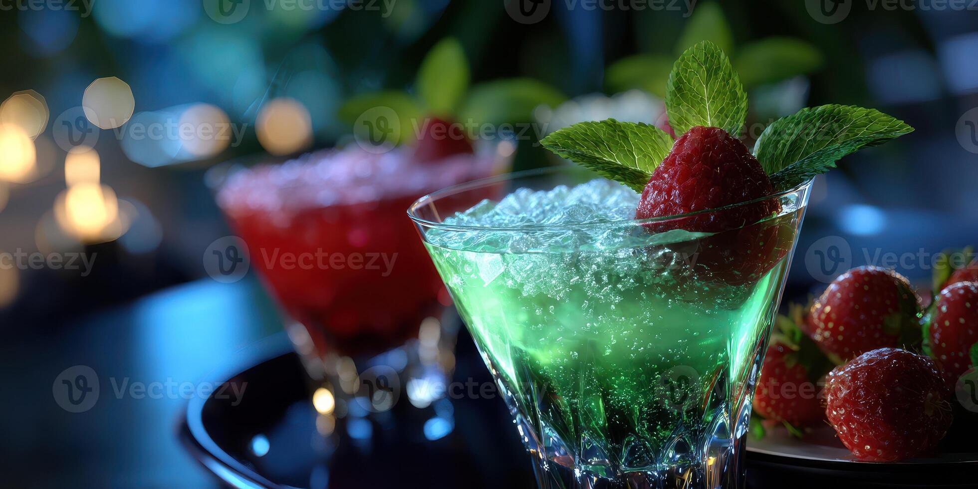 Colorful fruit cocktails with fresh mint and raspberries served at a vibrant evening gathering photo