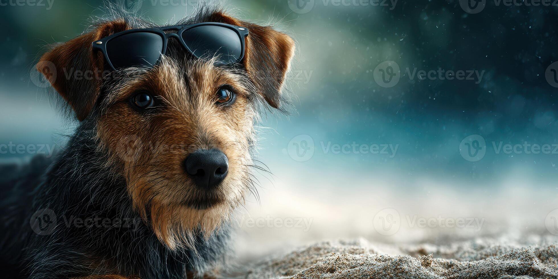 Dog wearing sunglasses enjoys sandy beach on a sunny day, showcasing playful and relaxed vibe photo