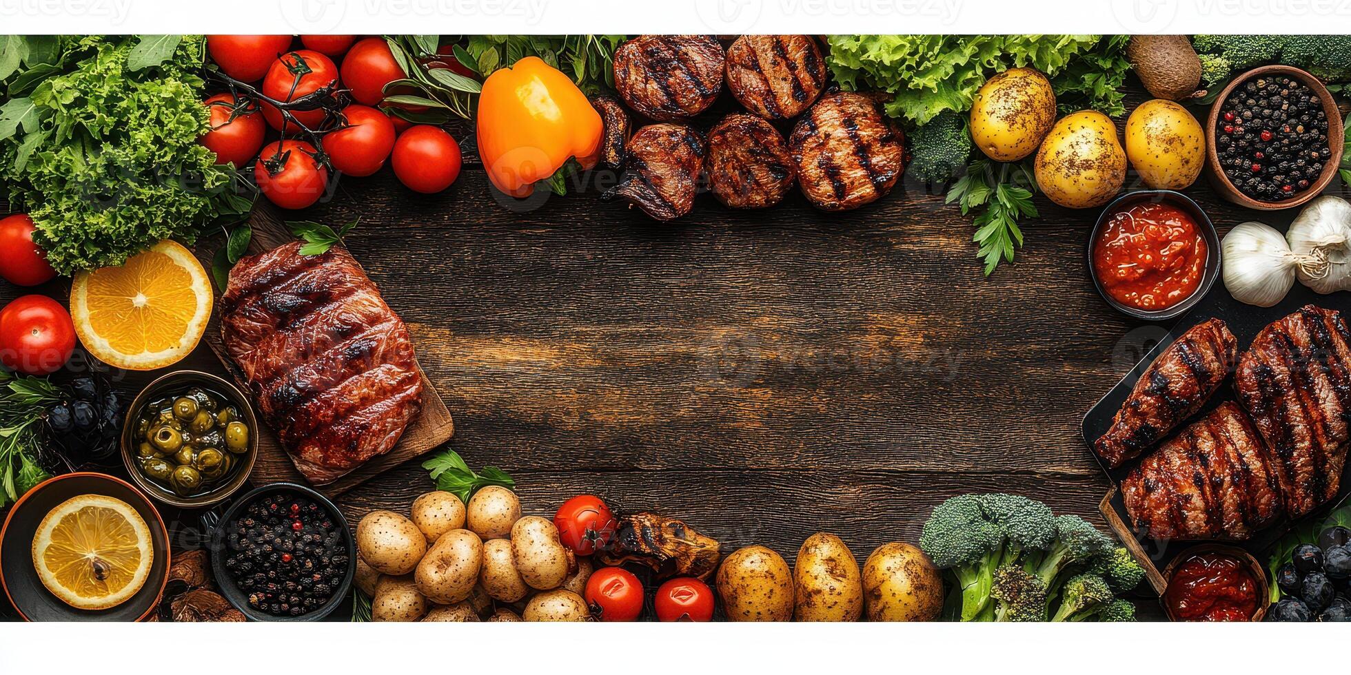 Vibrant display of fresh ingredients and grilled meats arranged on a wooden table for a summer cookout photo