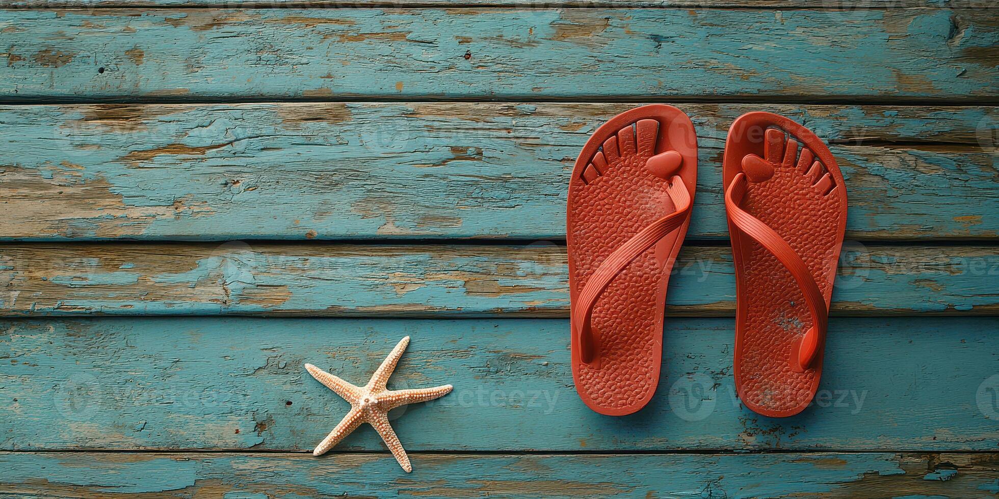 Flip flops and a starfish on weathered wooden planks by the beach at sunset photo