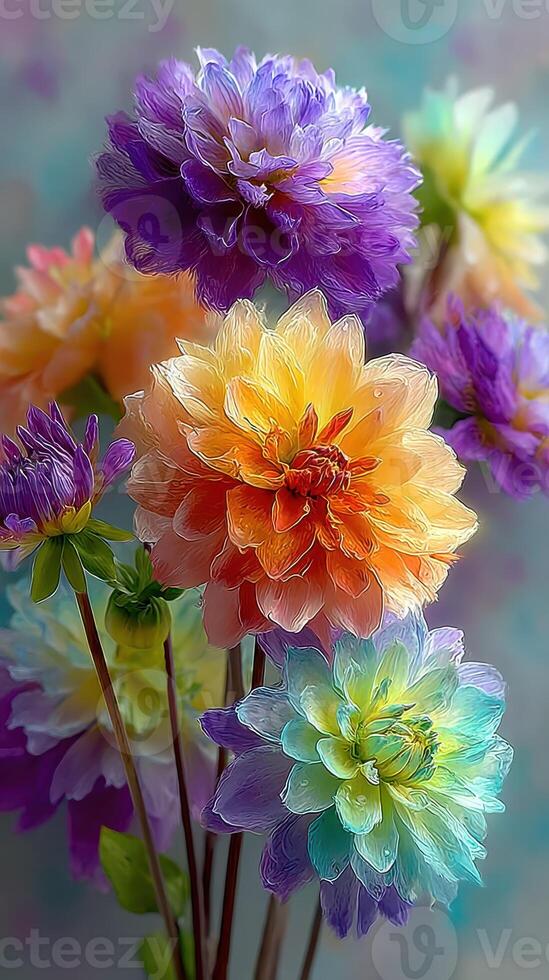 Colorful flower bouquet showcasing various blooms in soft focus with vibrant petals photo