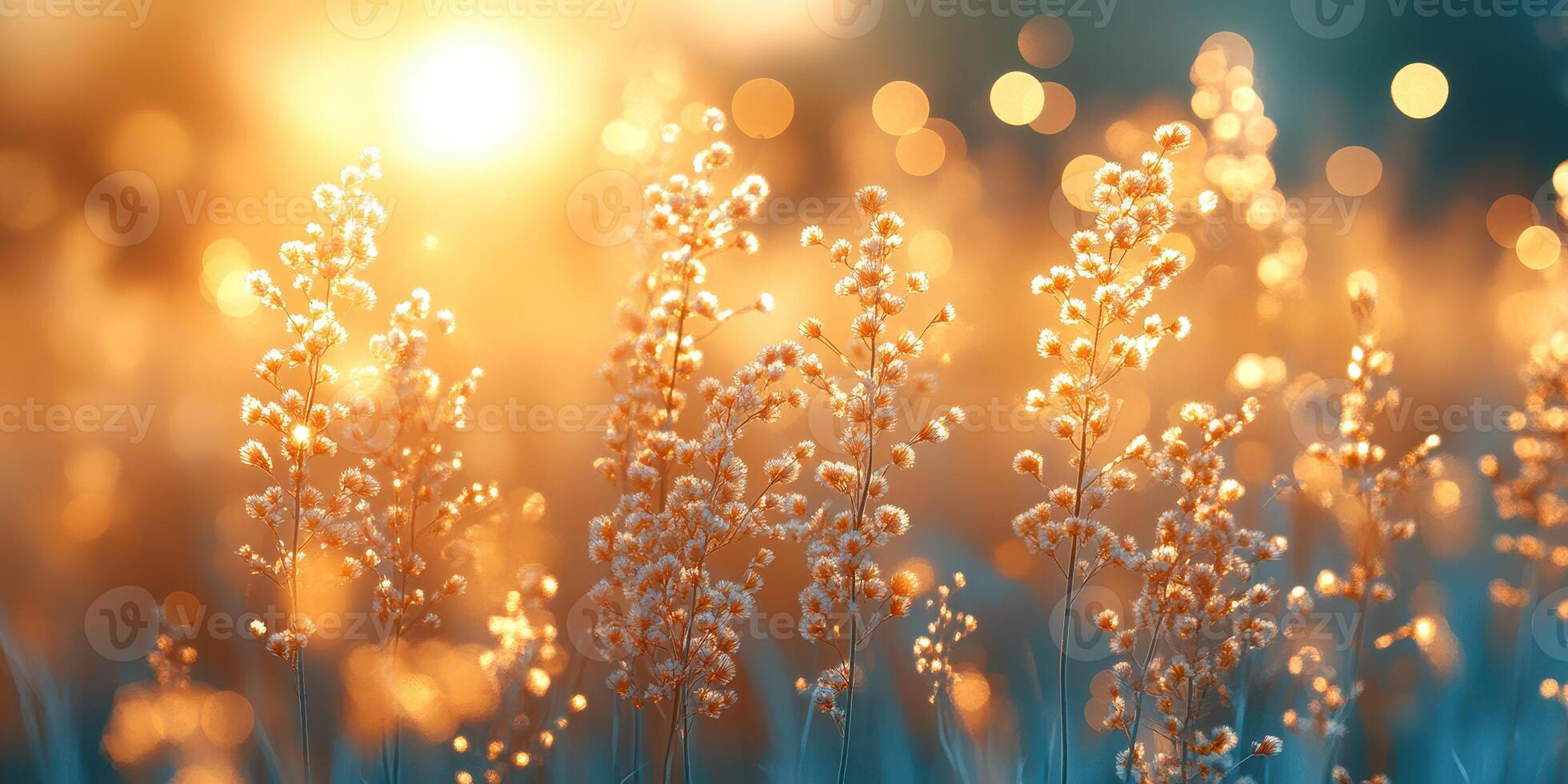 Golden sunlight filters through wildflowers at sunset in a serene field photo