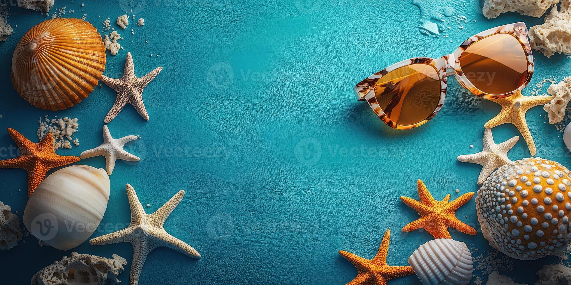 Beach-themed decoration with seashells and sunglasses on a vibrant blue background photo