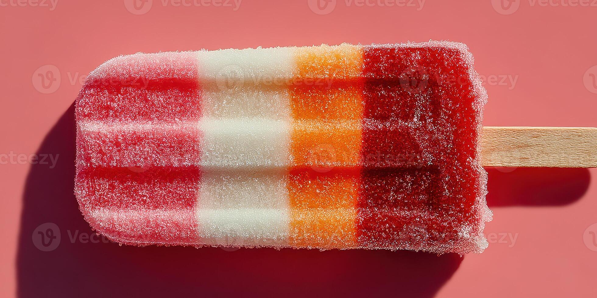 Colorful frozen treat on a wooden stick with vibrant layers captured on a pink background during bright daylight photo