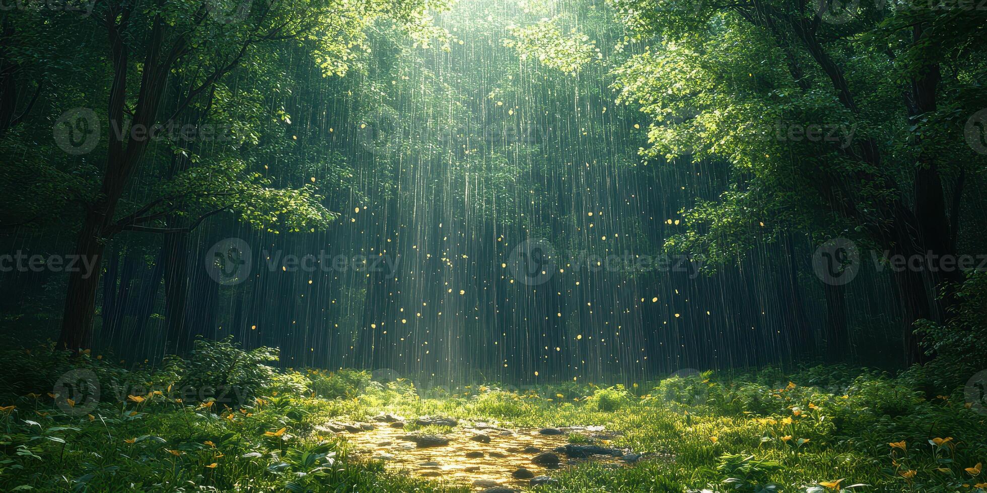 Sunlight filters through a dense forest, illuminating a serene clearing with lush greenery and scattered golden leaves photo