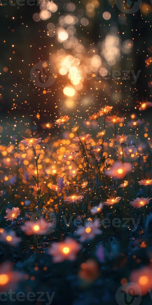 Flowers bloom under golden sunlight with shimmering particles in a picturesque outdoor setting during evening hours photo