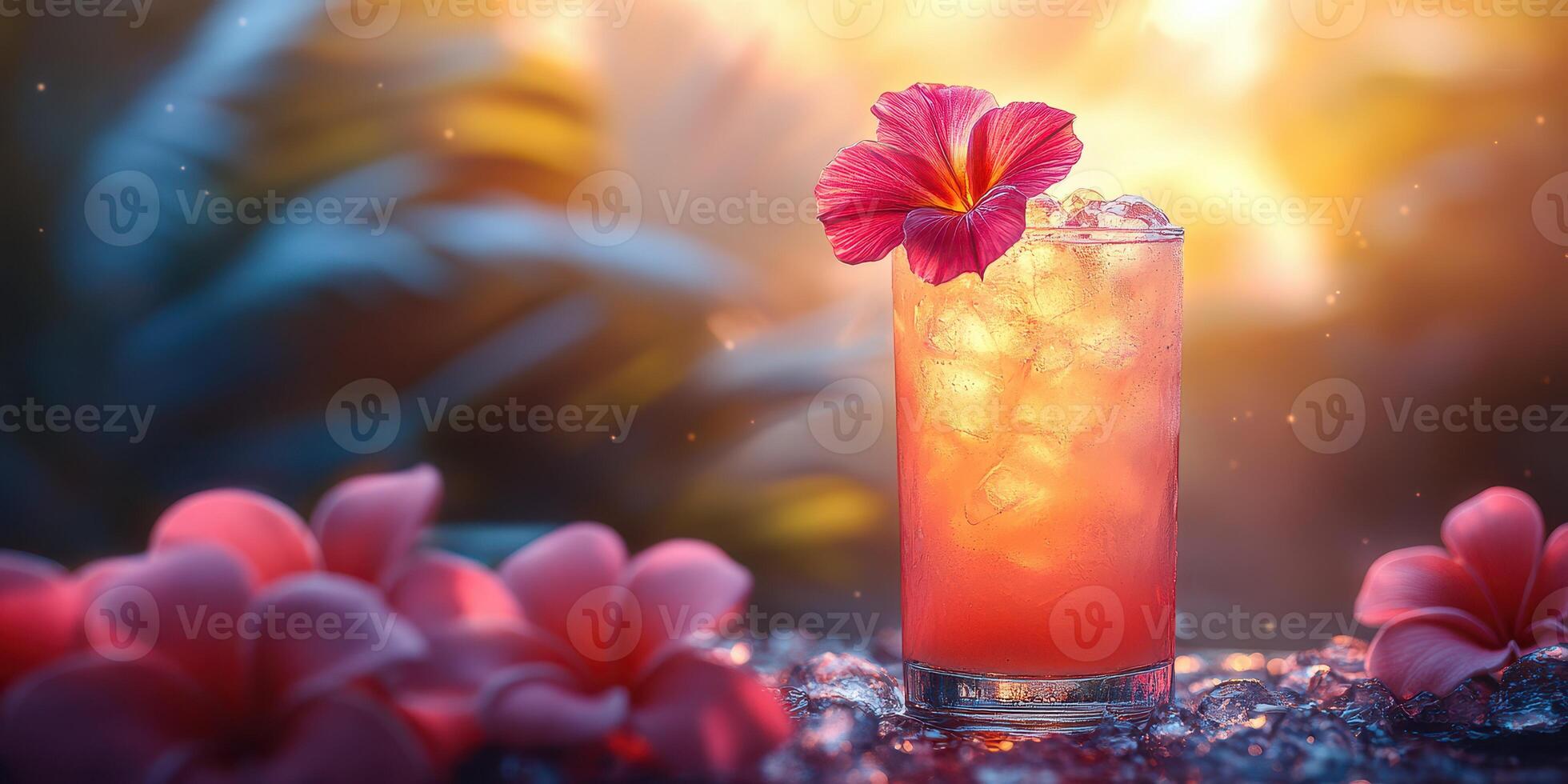 Refreshing tropical drink garnished with a flower and surrounded by petals during sunset photo