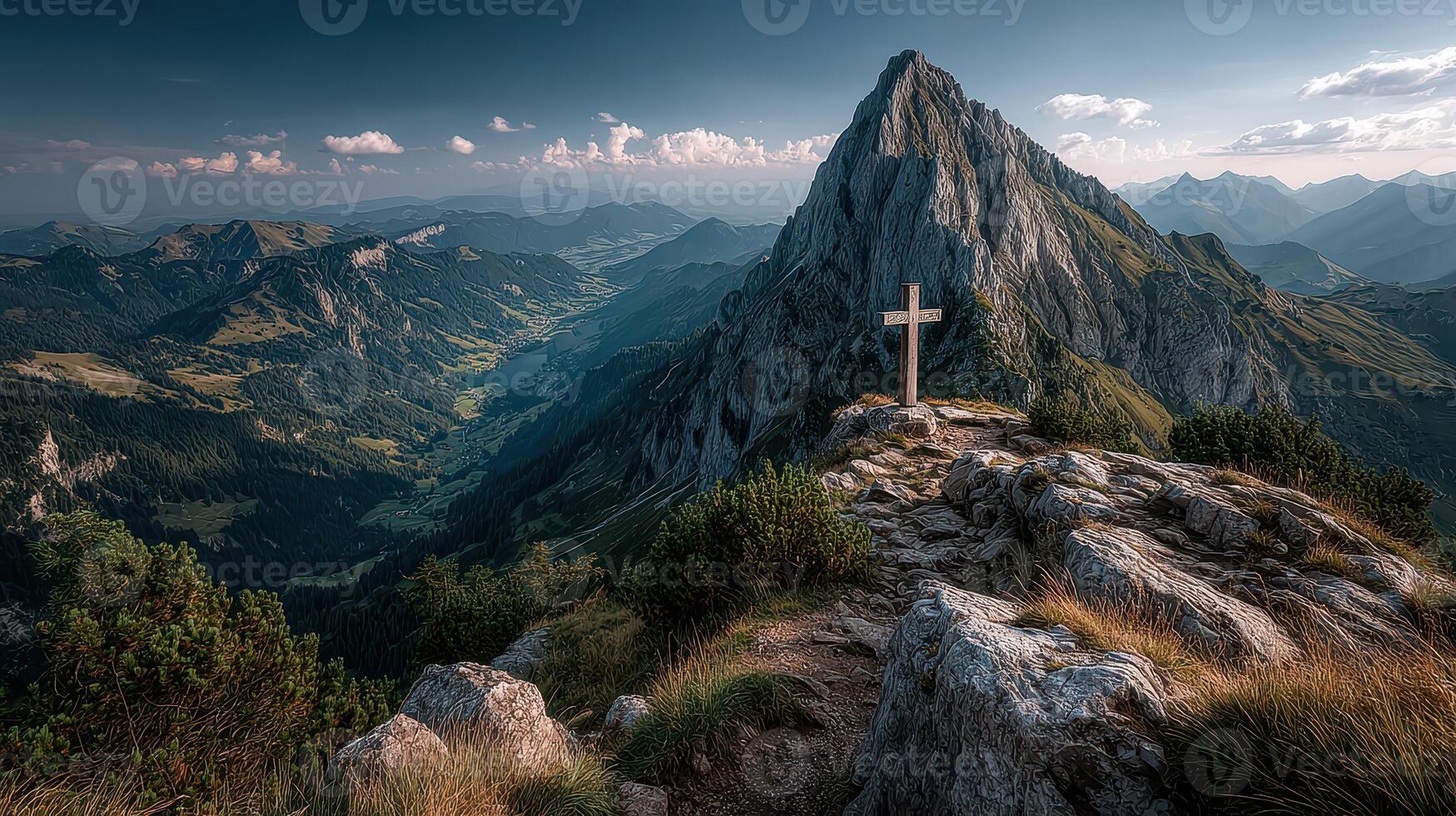 Majestic mountain landscape featuring a cross marking the summit during a serene afternoon in Switzerland photo