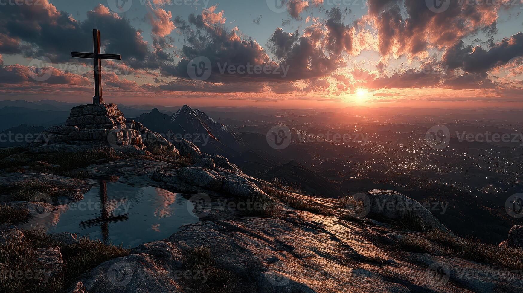 Sunset over mountain range with cross silhouette and tranquil pool photo