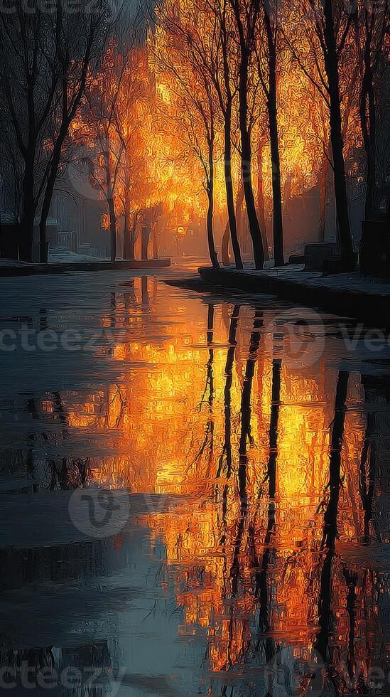 Golden autumn leaves reflect on calm water during sunset in a serene park photo
