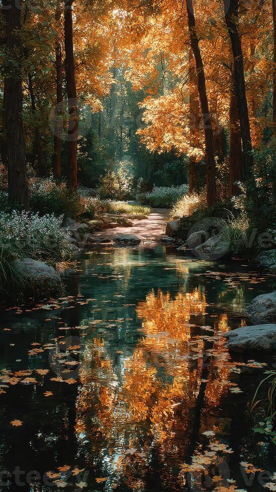 Autumn afternoon by the tranquil stream surrounded by vibrant orange and golden foliage in a peaceful forest setting photo