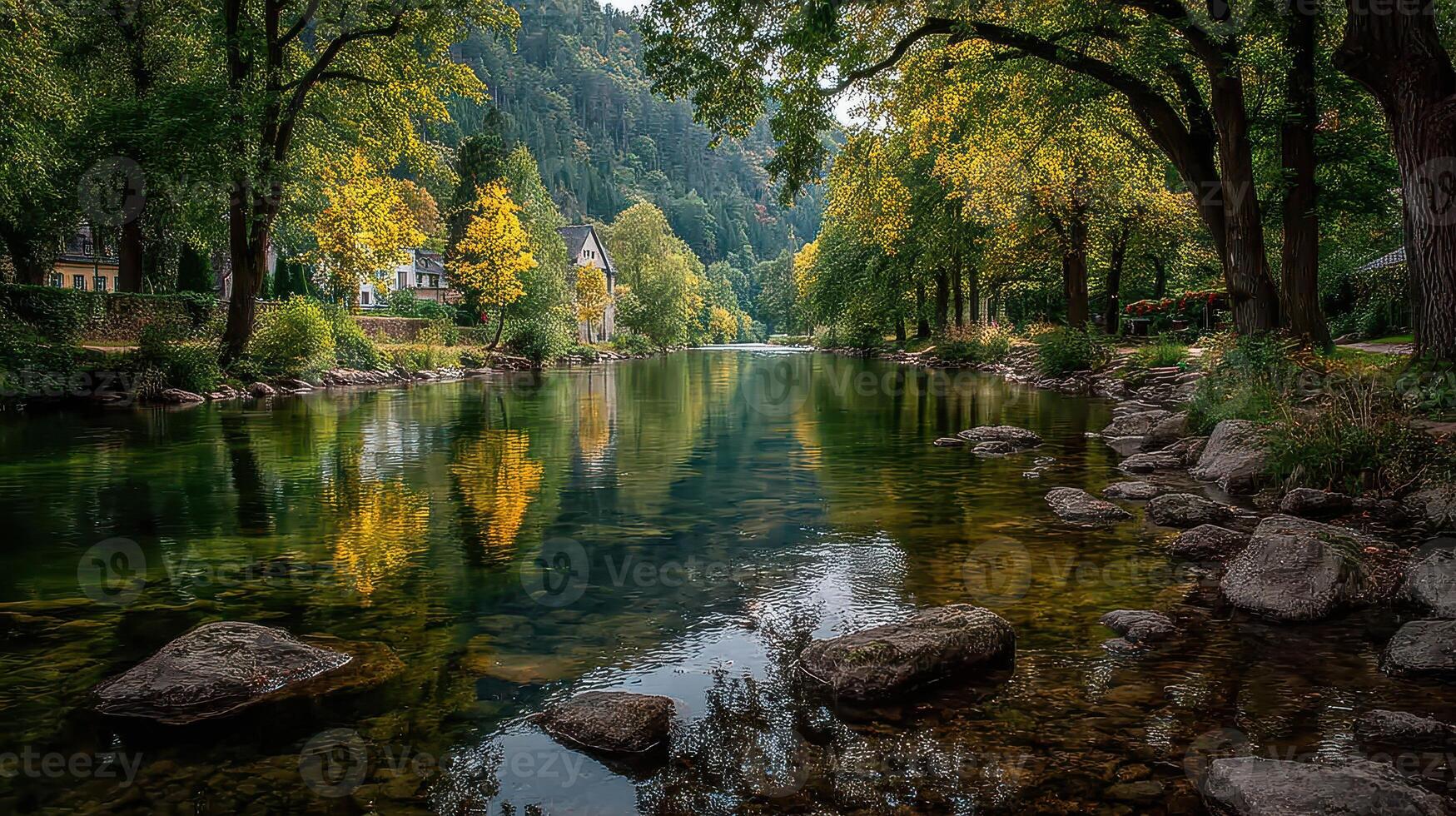 Tranquil river landscape with vibrant autumn foliage and reflective waters in a serene rural setting photo