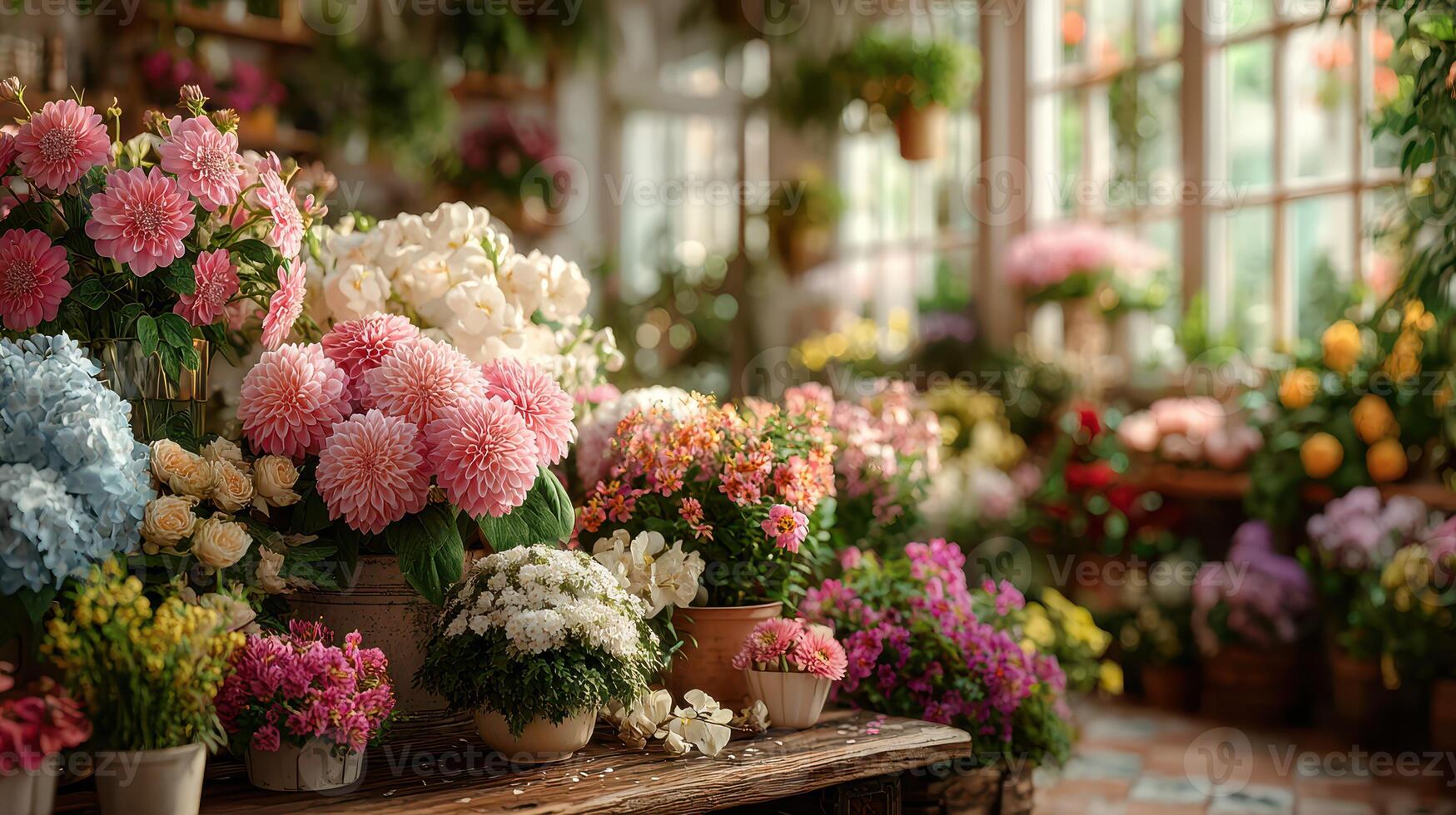 Vibrant flower shop features diverse blooms in a charming, sunlit setting throughout a warm afternoon photo