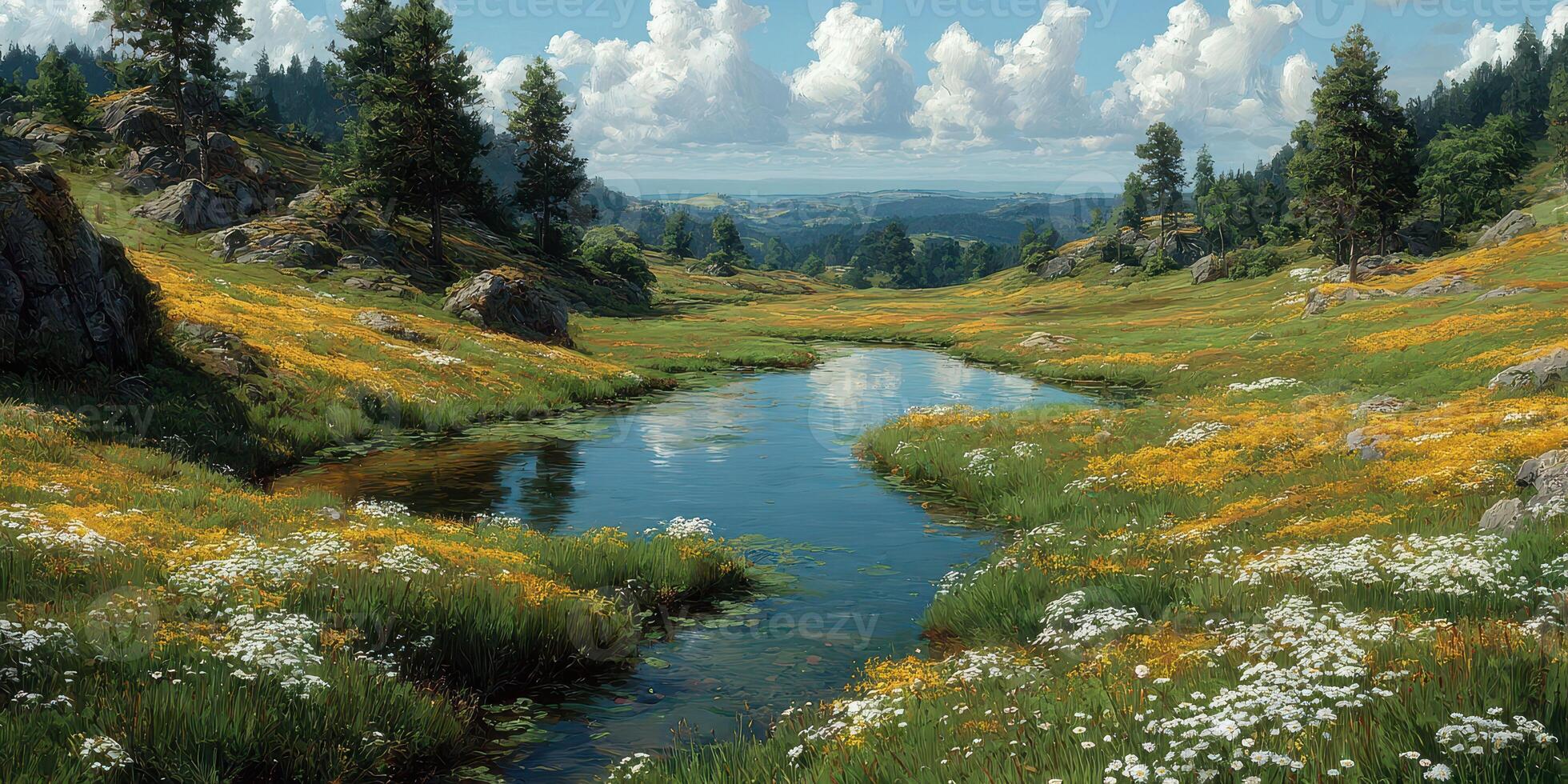 Scenic view of a tranquil meadow with vibrant wildflowers and a serene stream under a blue sky dotted with clouds photo