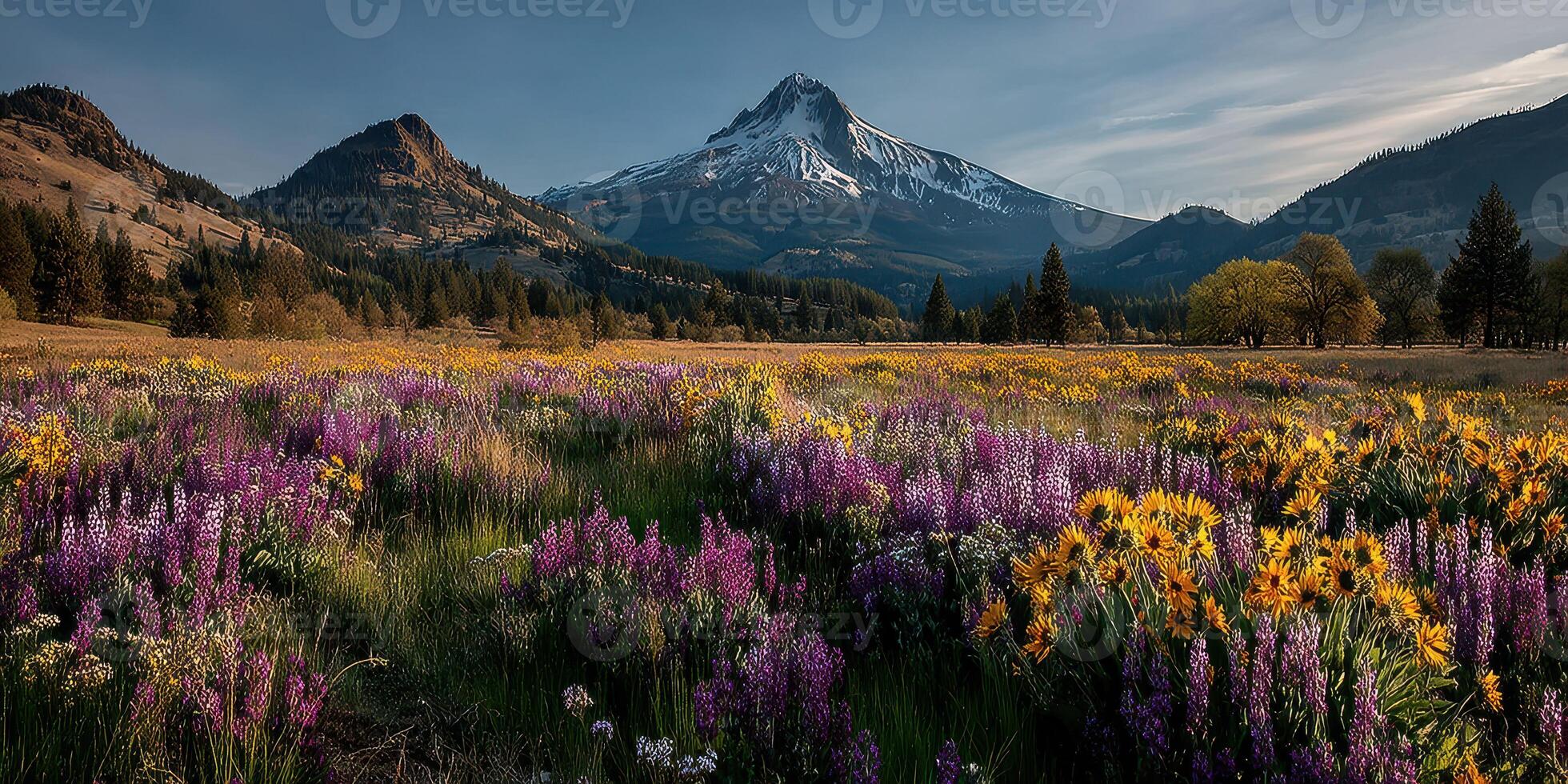 Majestic mountain landscape adorned with wildflowers during golden hour in Oregon's Cascade Range photo