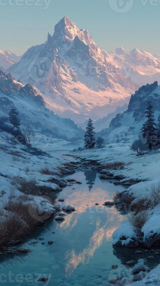 Snowy mountain landscape with a serene river reflecting the peaks at dawn in a tranquil valley photo