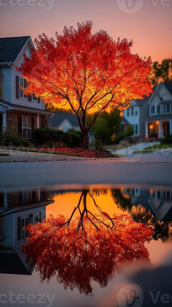 Vibrant autumn tree with brilliant red foliage reflecting in a puddle during sunset in a suburban neighborhood photo