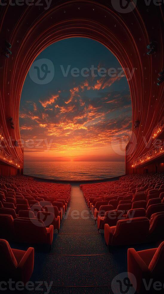 Breathtaking sunset view from an empty theater overlooking the ocean in the evening photo