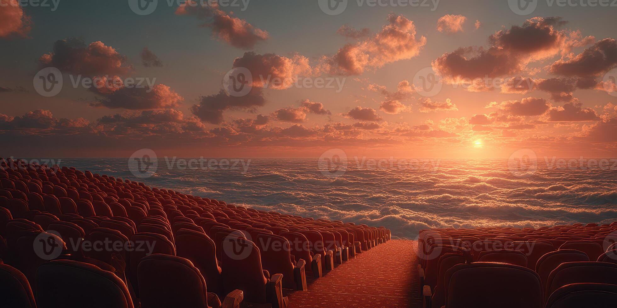 Majestic sunset over an ocean of clouds viewed from empty theater seats at twilight photo