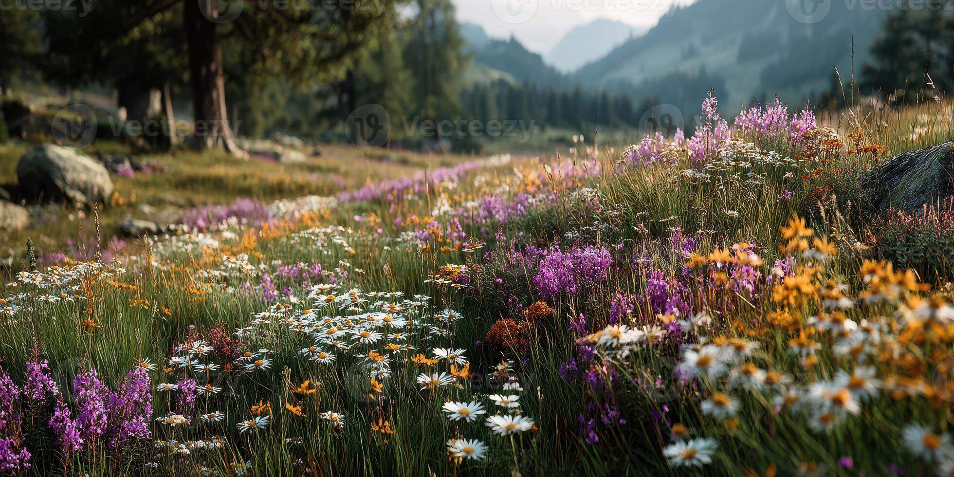 Colorful wildflower meadow blooming in the mountains during springtime morning light photo