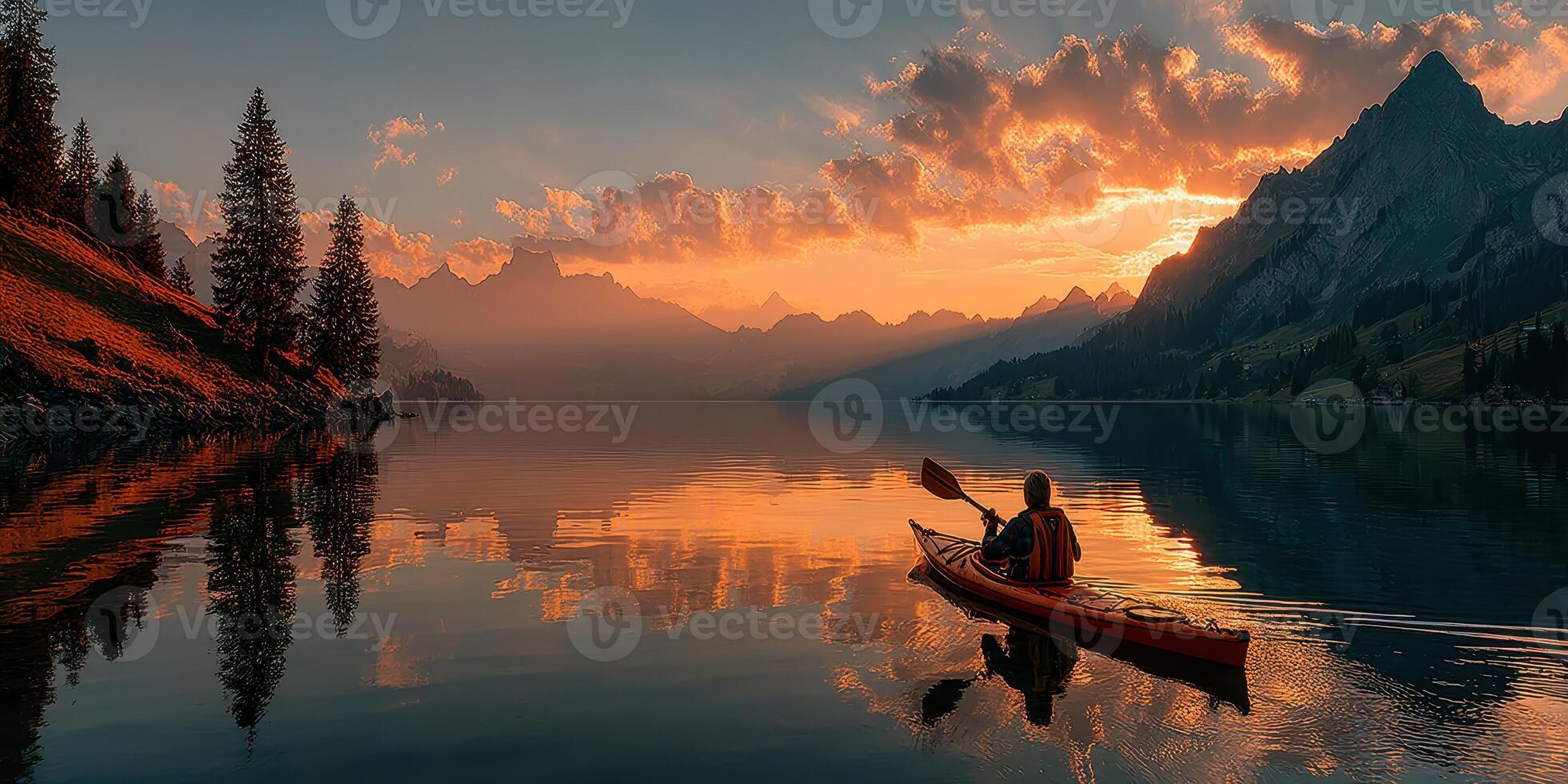 Kayaker enjoys a serene sunset on a calm lake surrounded by mountains and trees photo