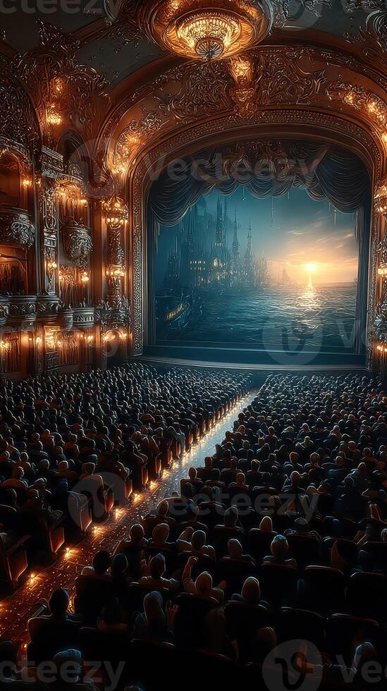 Spectators enjoying a captivating performance in an ornate theater during sunset, with a stunning backdrop photo
