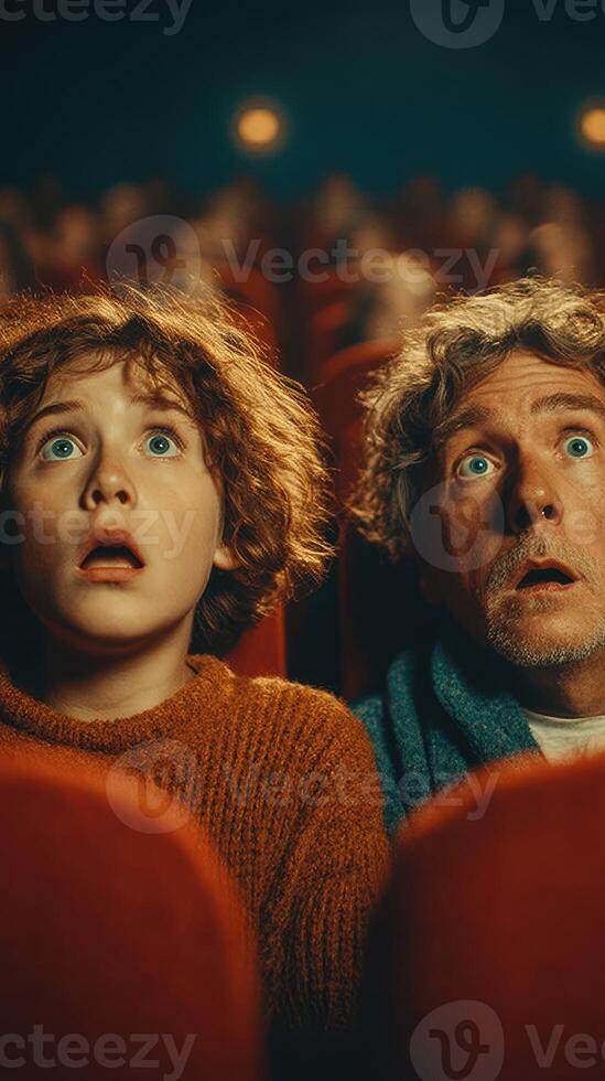 Family enjoys a thrilling moment at the theater, captivated by a suspenseful movie on screen photo