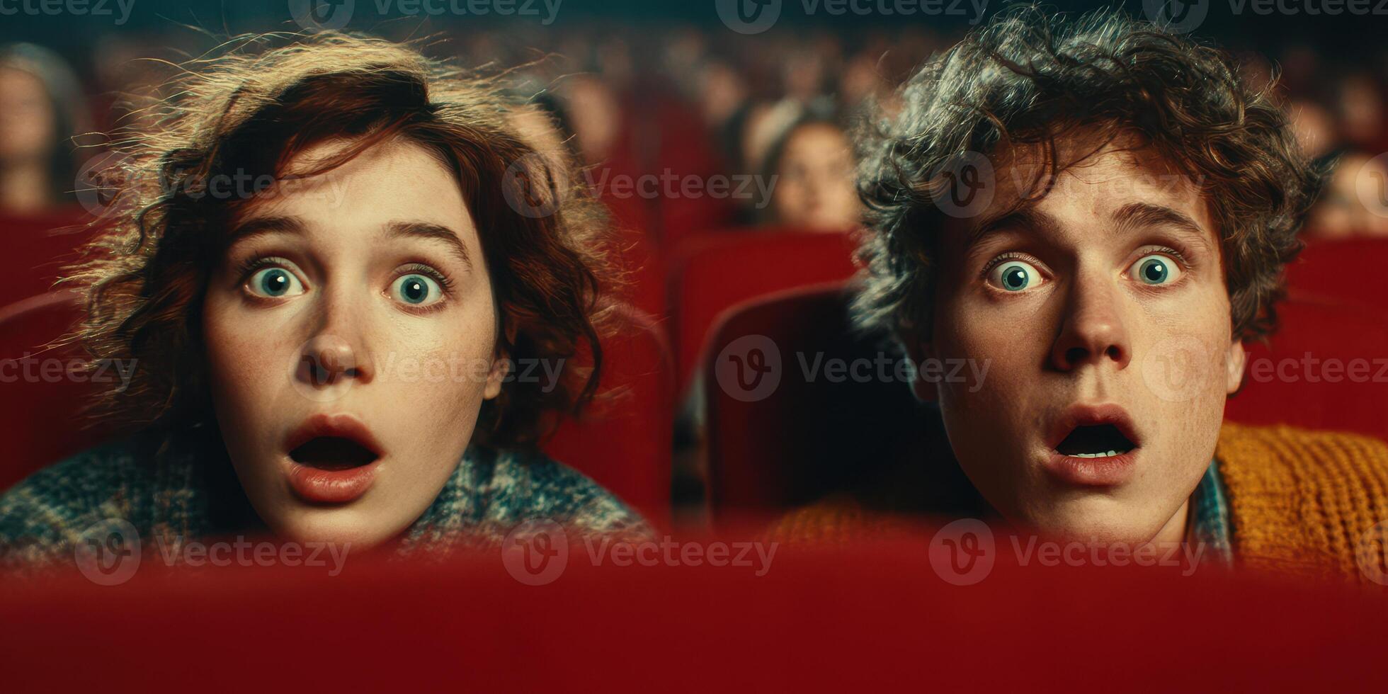 Excitement fills the air as two friends experience a thrilling moment in a movie theater photo